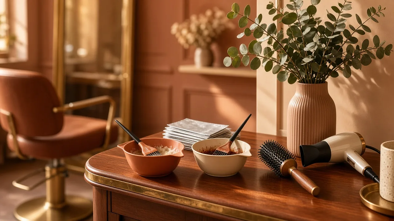 A warm salon color station with mixing bowls, tint brushes, foils, a round brush and a hair dryer beside a vase of eucalyptus